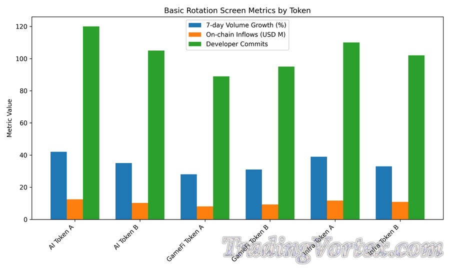 Basic Rotation Screen Metrics by Token — 7‑Day Volume Growth, On‑chain Inflows, Developer Commits
