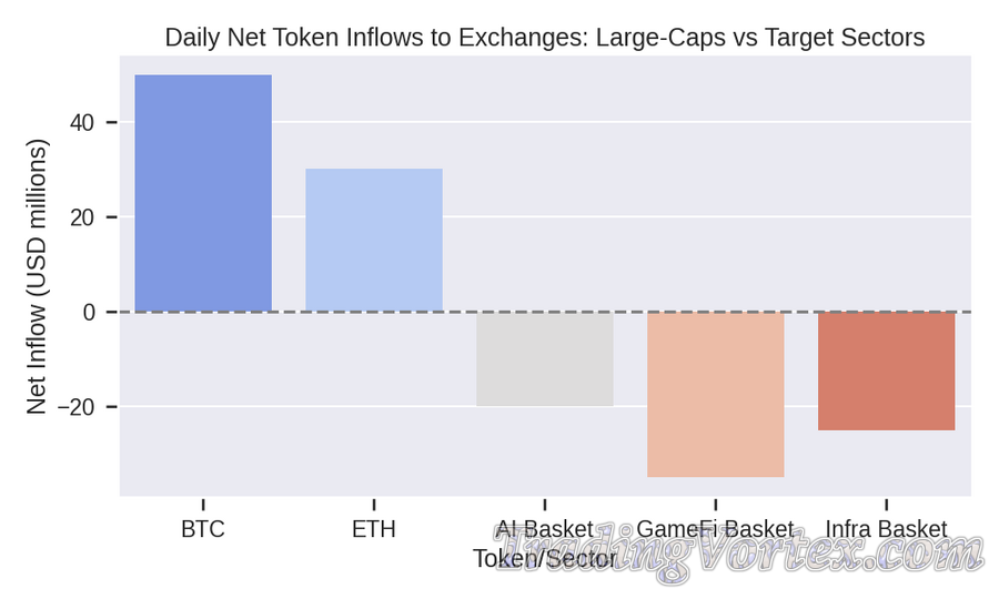 Daily Net Token Inflows to Exchanges — Large-Caps (BTC/ETH) versus Target Sectors (AI, GameFi, Infrastructure)