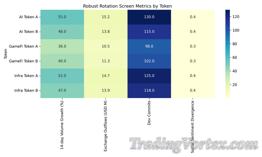 Robust Rotation Screen Metrics — 14‑Day Volume Growth, Exchange Outflows, Dev Commits, Social Sentiment Divergence