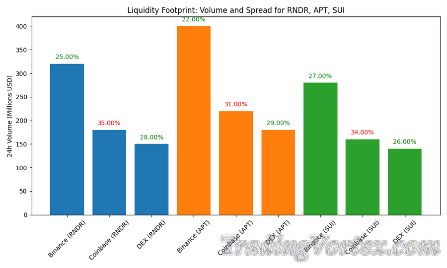 Trading Volume and Spread Comparison for RNDR, APT, SUI