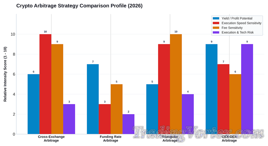 Comparative Profile of Crypto Arbitrage Strategies: Yield Potential, Execution Speed, Fee Sensitivity, and Execution Risk