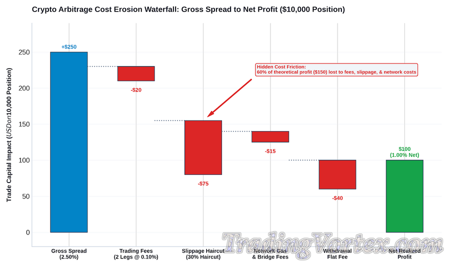 Crypto Arbitrage Cost Erosion Waterfall: Gross Spread to Net Profit Breakdown ($10,000 Position)