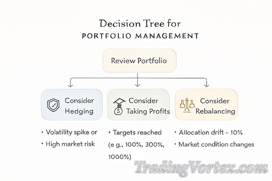 Actionable decision tree mapping when to hedge, take profits, or rebalance