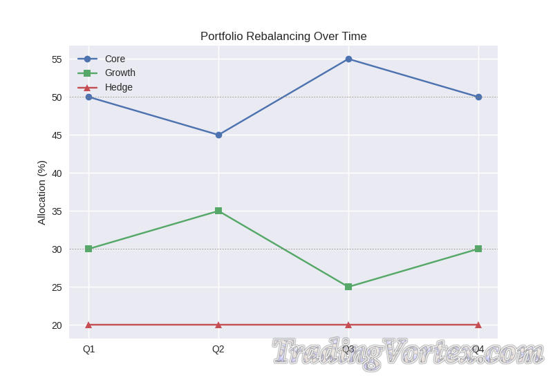 Line chart of Core, Growth, Hedge allocations drifting across four quarters with rebalance points