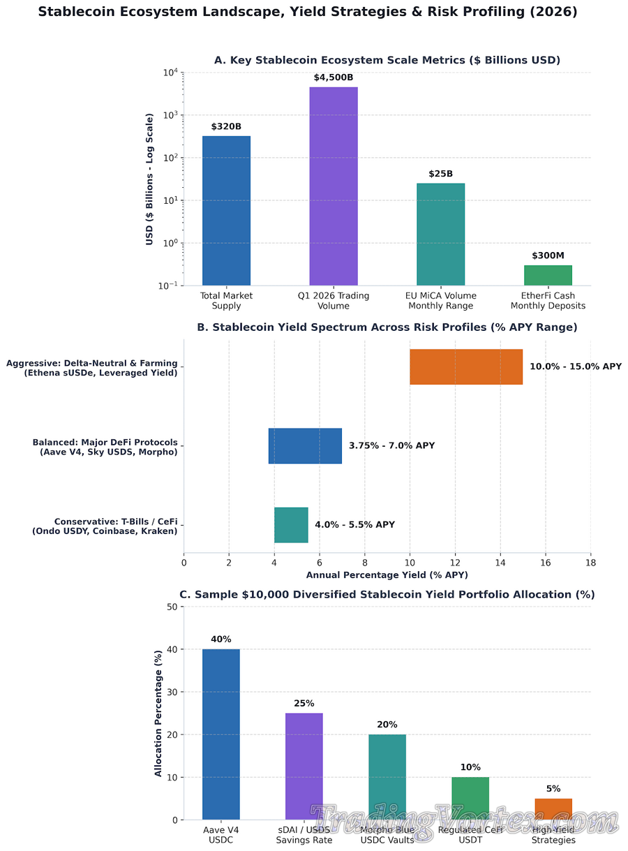Stablecoin Ecosystem Scale Metrics, Yield Strategies Across Risk Profiles, and Sample Diversified Portfolio Allocation (2026 Data)