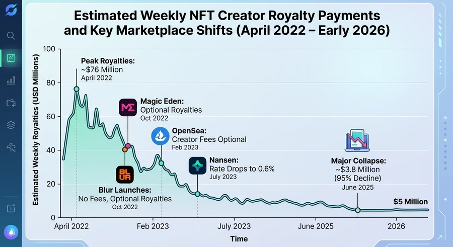 Estimated Weekly NFT Creator Royalty Payments and Key Marketplace Shifts (April 2022 &ndash; Early 2026)