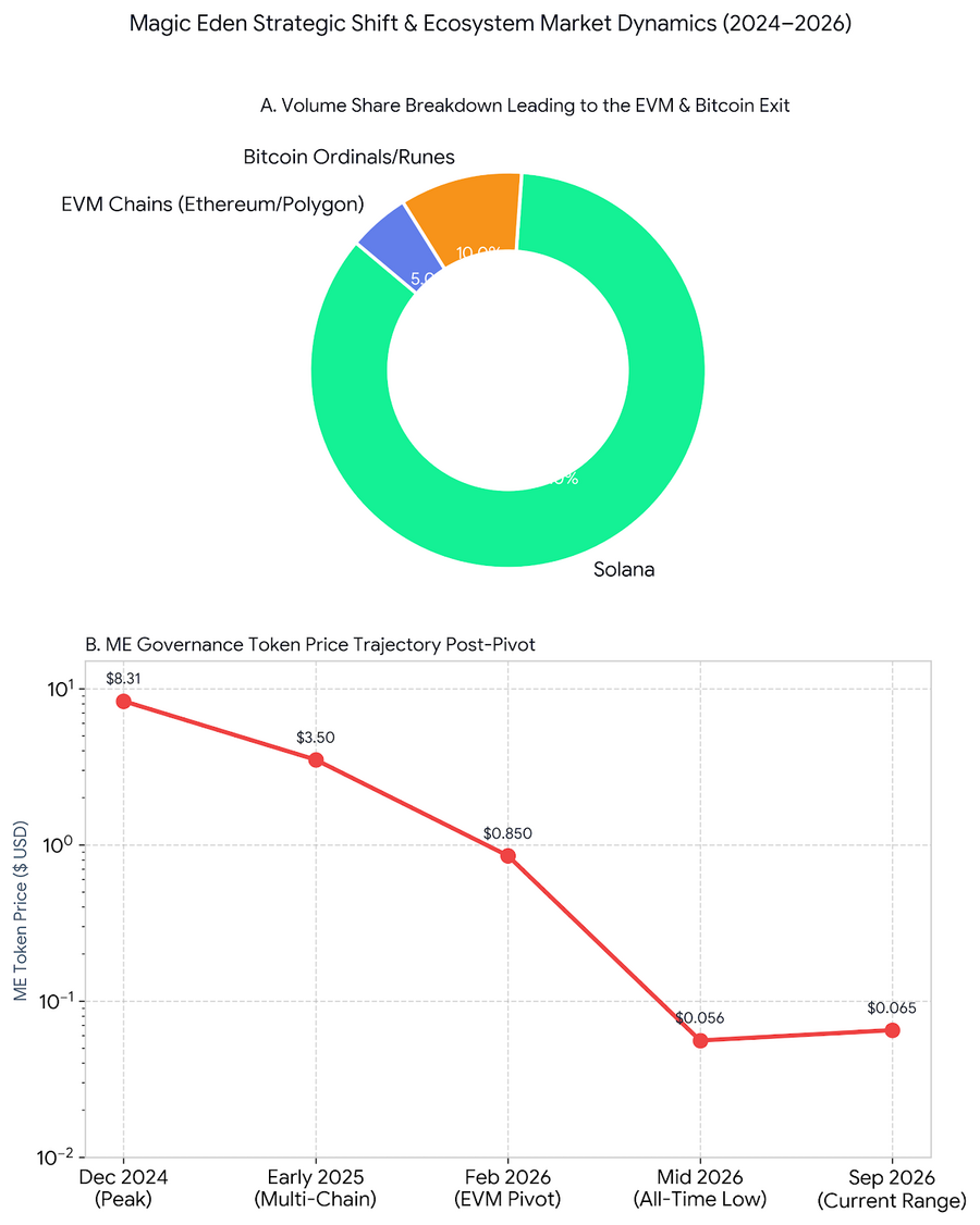 Analysis of Magic Eden Pre-Pivot Volume Distribution Across Chains and ME Governance Token Price Collapse (2024&ndash;2026)