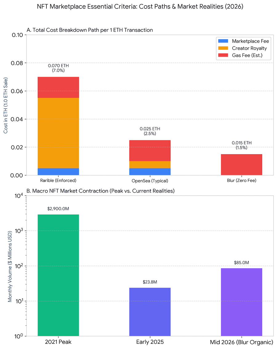 Comparative Analysis of NFT Transaction Cost Paths across Marketplaces and Historical Monthly Trading Volume Contraction (2021&ndash;2026)