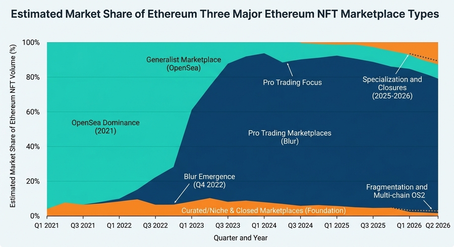 Estimated Comparative Market Share Evolution of Ethereum NFT Marketplaces: The Shift from Generalist Dominance to Pro Trading and Specialization (Q1 2021 &ndash; Q2 2026)
