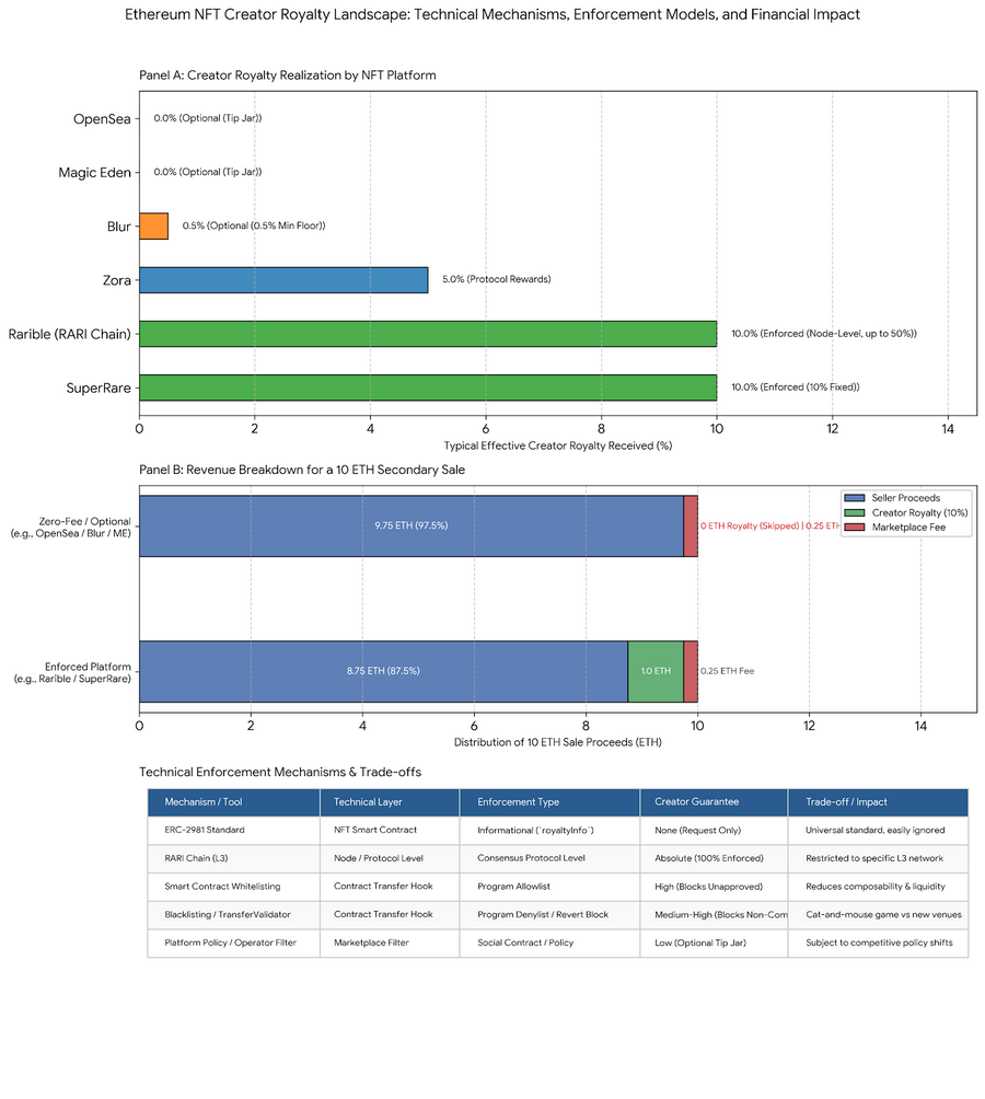Ethereum NFT Creator Royalty Landscape: Platform Realization Rates, Revenue Distribution Models, and Technical Enforcement Mechanisms