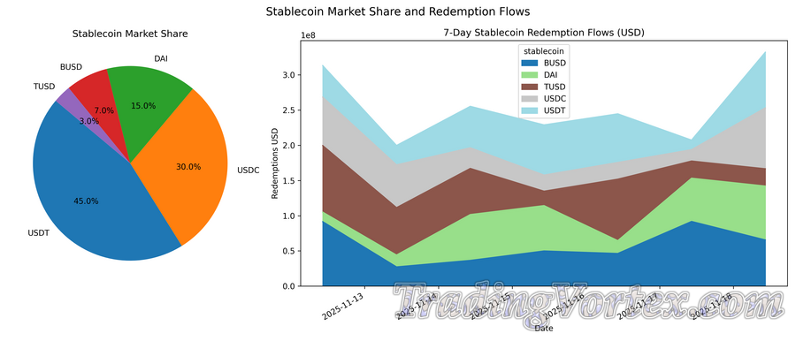 Stablecoin Supply Share and Redemption Flows, Pie Chart plus Area Chart