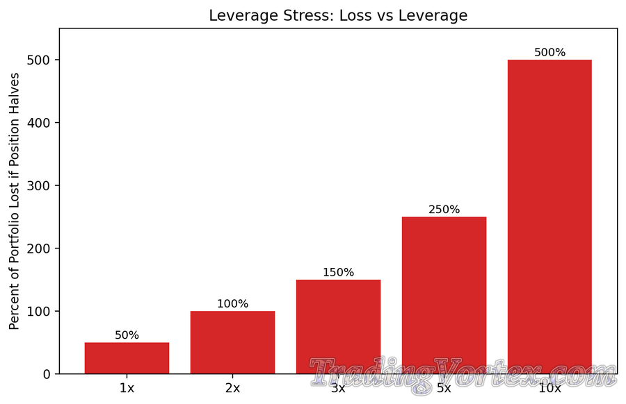 Leverage Stress Bar Chart: percent of total portfolio lost if a leveraged position falls 50 percent