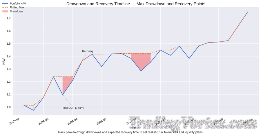 Drawdown and Recovery Timeline — Max Drawdown and Recovery Points