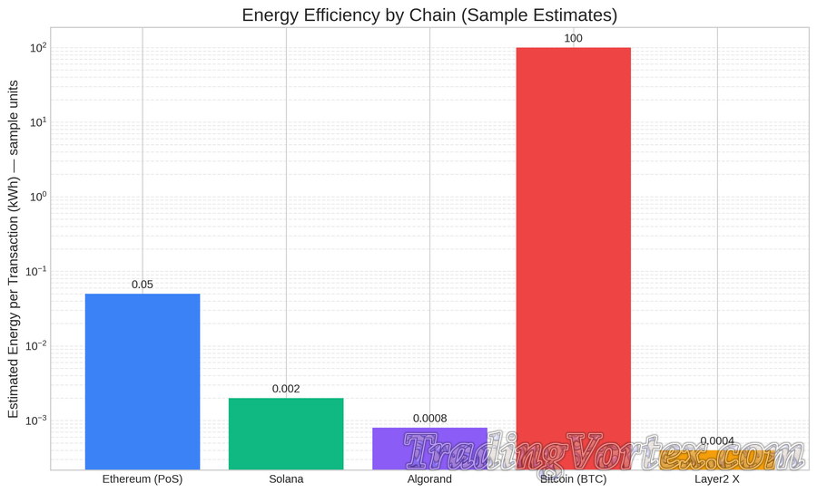 Energy Efficiency by Chain — Estimated Energy per Transaction on Log Scale