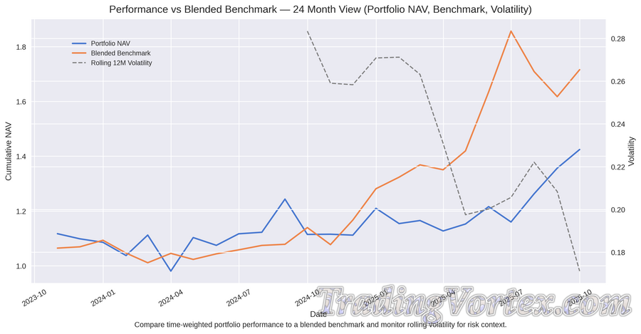 Performance vs Blended Benchmark — 24 Month View (Portfolio NAV, Benchmark, Volatility)