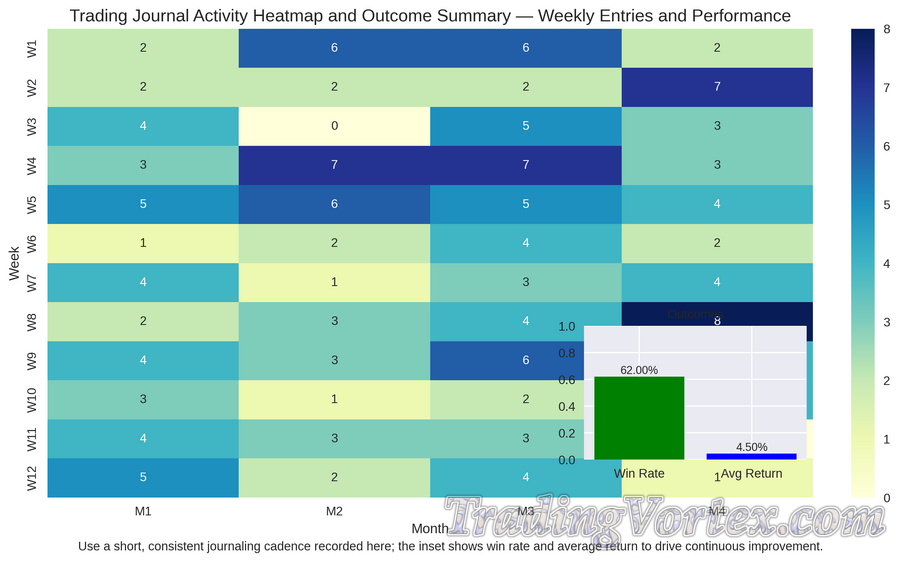 Trading Journal Activity Heatmap and Outcome Summary — Weekly Entries and Performance