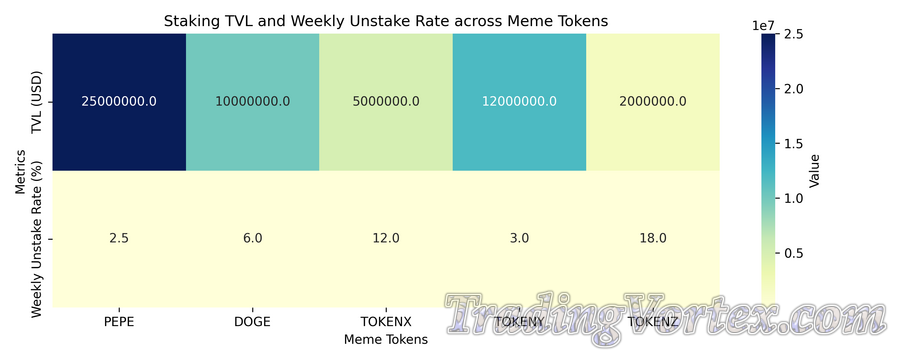 Staking TVL and Weekly Unstake Rate across Meme Tokens