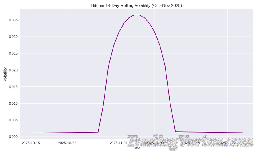Bitcoin 14-Day Rolling Volatility (Oct&ndash;Nov 2025)