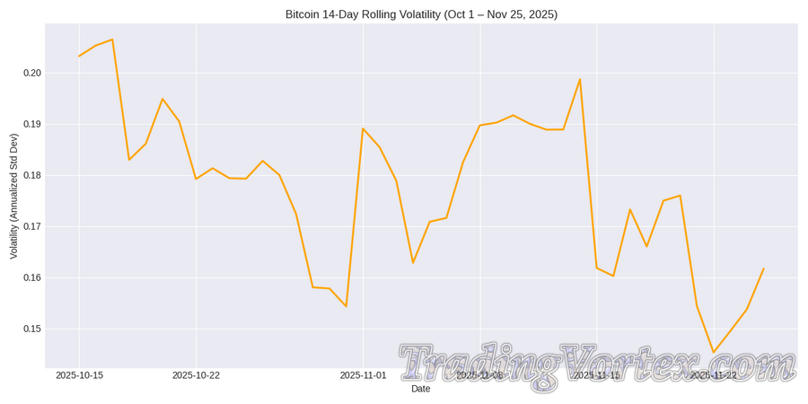 Bitcoin 14-Day Rolling Volatility, Oct 1 to Nov 25, 2025