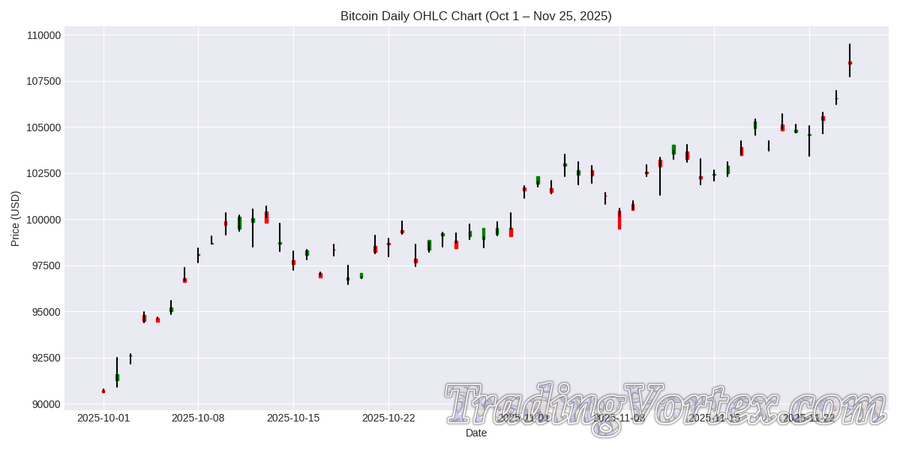 Bitcoin Daily OHLC, Oct 1 to Nov 25, 2025