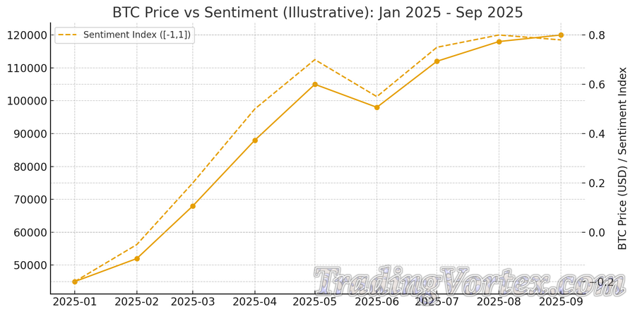 BTC Price vs Sentiment (Jan 2025 Sep 2025, illustrative)