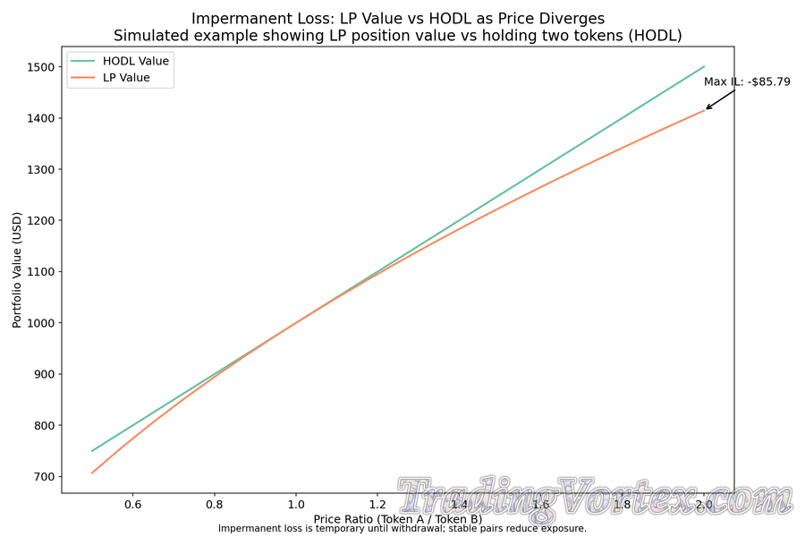 Impermanent Loss: LP Value vs HODL as Price Diverges