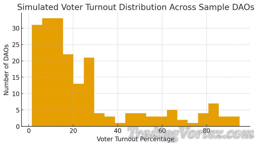 Simulated Voter Turnout Distribution Across Sample DAOs (histogram)