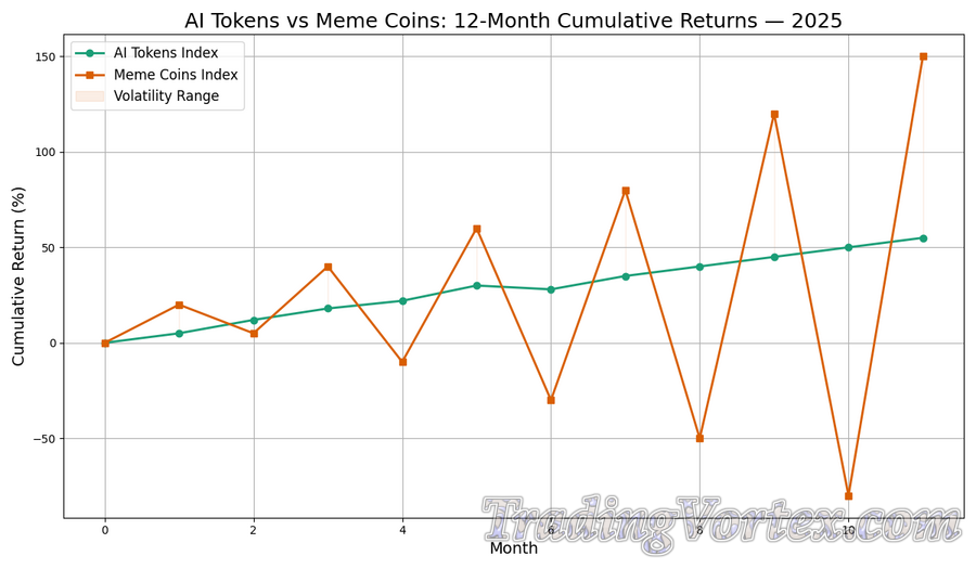 AI Tokens vs Meme Coins: 12‑Month Cumulative Returns &mdash; 2025