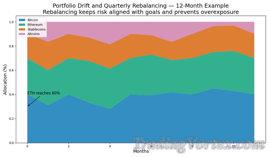 Portfolio Drift and Quarterly Rebalancing &mdash; 12‑Month Example