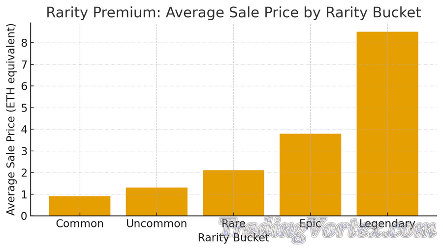 Rarity premium: average sale price by rarity bucket