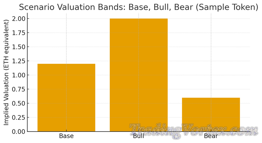 Scenario valuation bands: base, bull, and bear cases for a sample token
