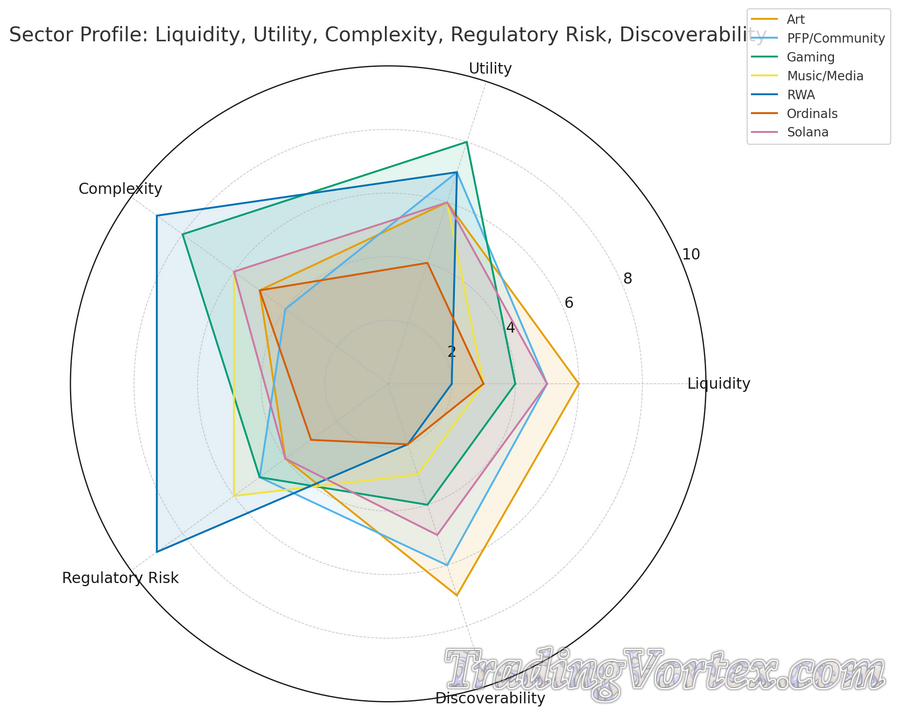 Sector profile radar: Liquidity, Utility, Complexity, Regulatory Risk, Discoverability