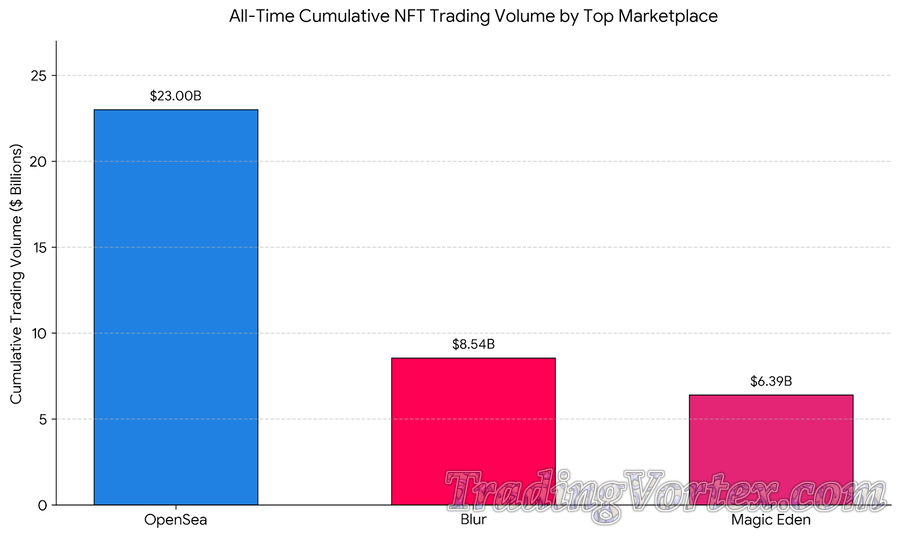 All-Time Cumulative NFT Trading Volume Comparison: OpenSea vs. Primary Competitors (Blur and Magic Eden) in Billions of USD