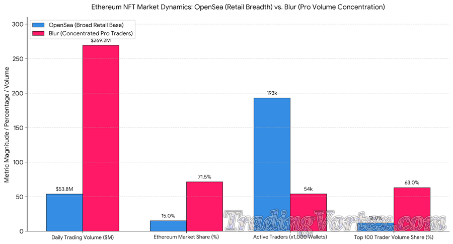 Ethereum NFT Market Dynamics Comparison: OpenSea's Broad Retail Base vs. Blur's Concentrated Professional Trader Volume
