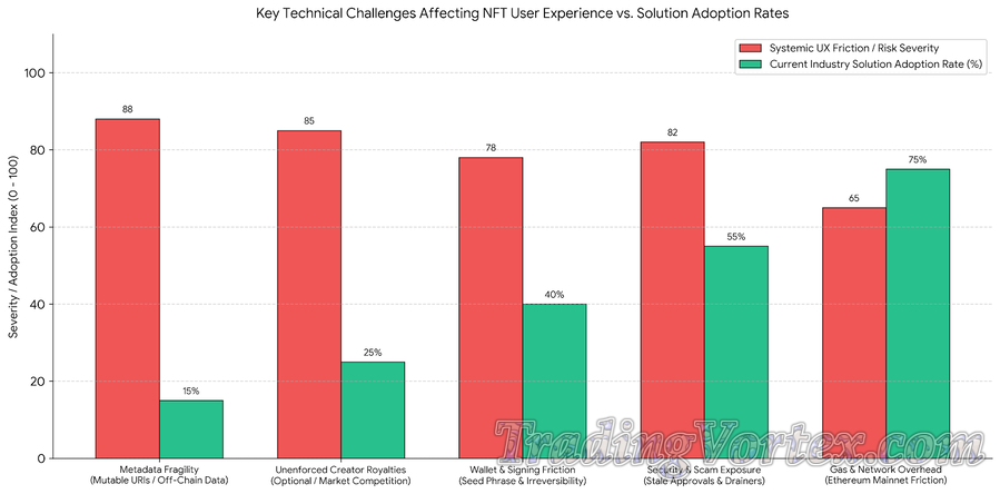 Key Technical Challenges Affecting NFT User Experience vs. Solution Adoption Rates: Comparing Systemic Risk Severity Against Emerging Technical Countermeasures
