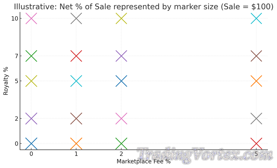 Net proceeds after royalties and marketplace fees (sale = $100)