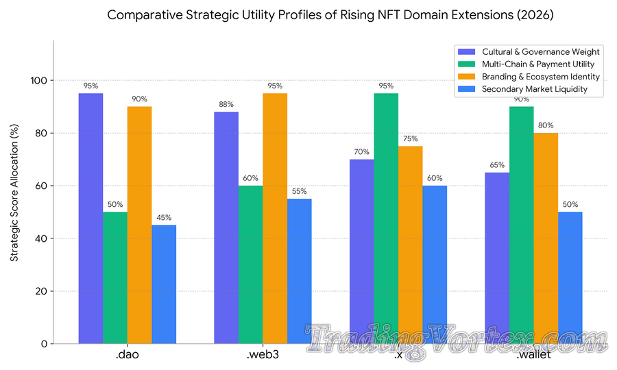 Chart Comparing the Strategic Utility Profiles of Rising NFT Domain Extensions Chart Comparing the Strategic Utility Profiles of Rising NFT Domain Extensions