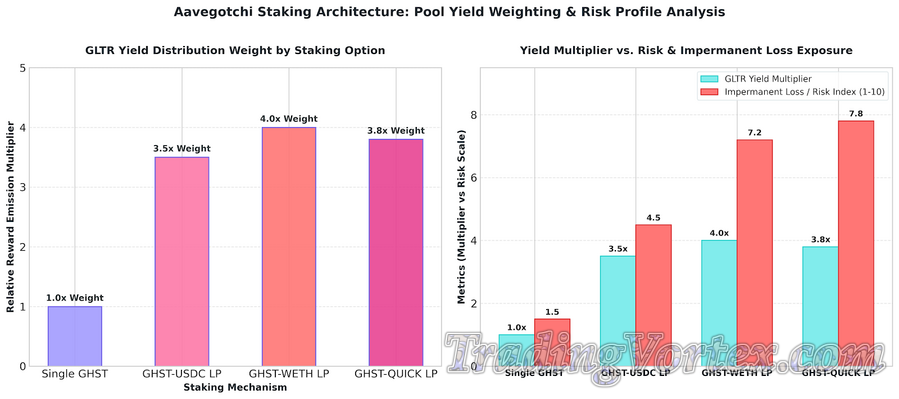 Aavegotchi Staking Architecture: GLTR Token Yield Distribution Weighting and Impermanent Loss Risk Profile Comparison Across Staking Options