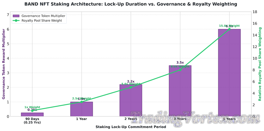 BAND NFT Staking Architecture: Staking Lock-Up Duration vs. Governance Token Multipliers and Royalty Pool Share Weighting