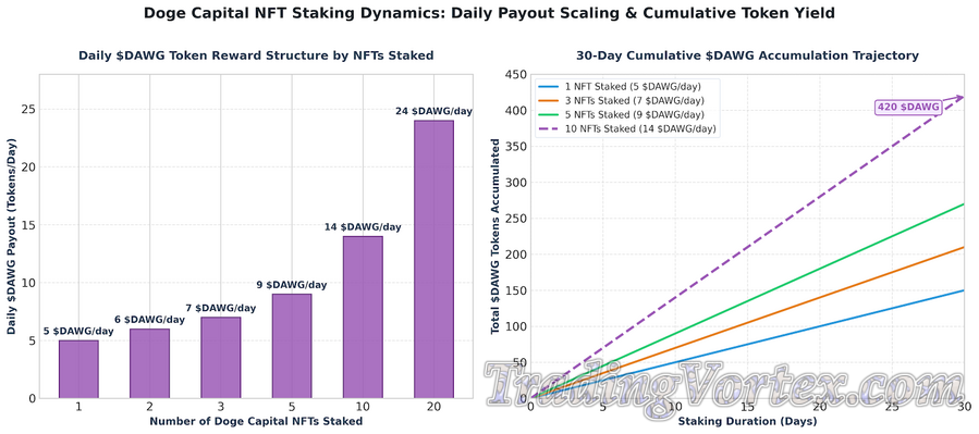 Doge Capital NFT Staking Dynamics: Daily $DAWG Payout Scaling and 30-Day Cumulative Token Yield Trajectory