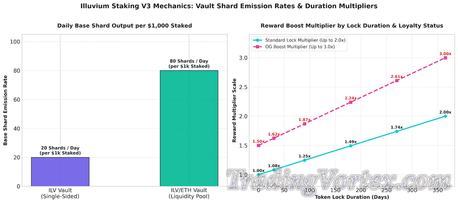 Illuvium Staking V3 Mechanics: Daily Base Shard Emission Rates by Vault Type and Reward Multipliers Across Token Lock Durations