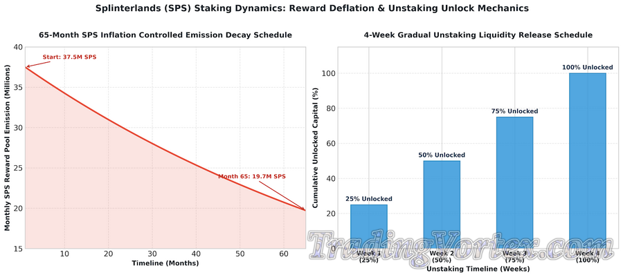 Splinterlands (SPS) Staking Dynamics: 65-Month Inflation-Controlled Emission Decay Schedule and 4-Week Unstaking Unlock Mechanics