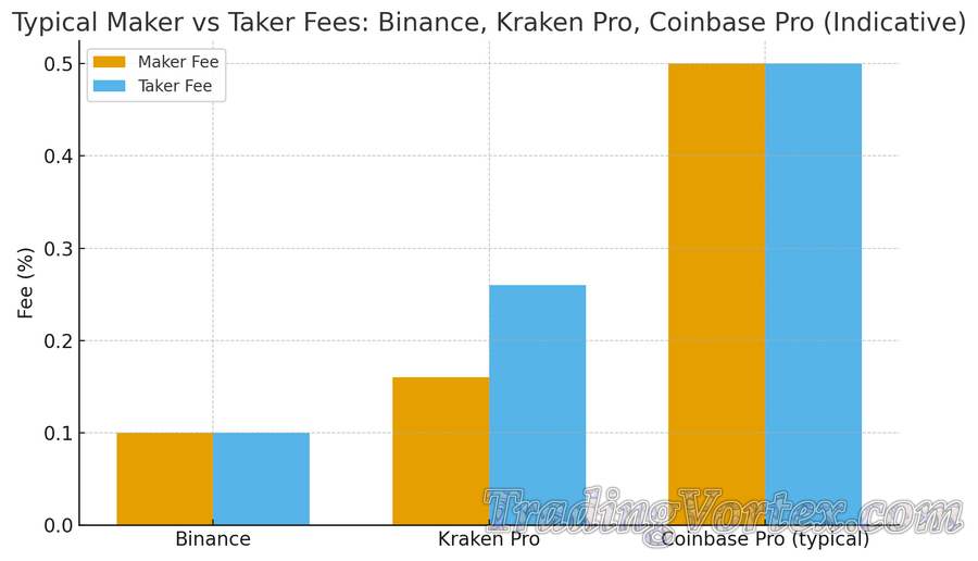 Exchange Fees Comparison (bar chart: maker vs taker fees)