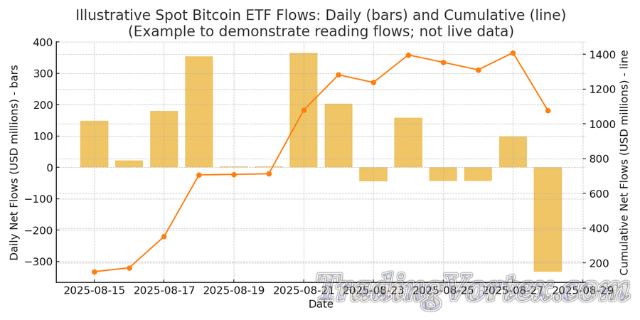 Illustrative Spot Bitcoin ETF flows (daily bars and cumulative line)