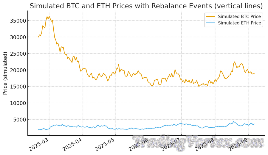 Rebalancing Simulation (Price series with rebalance markers)